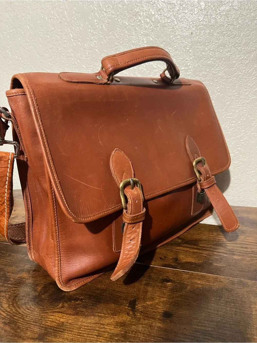 Men's Tan Leather Briefcase with Adjustable Strap